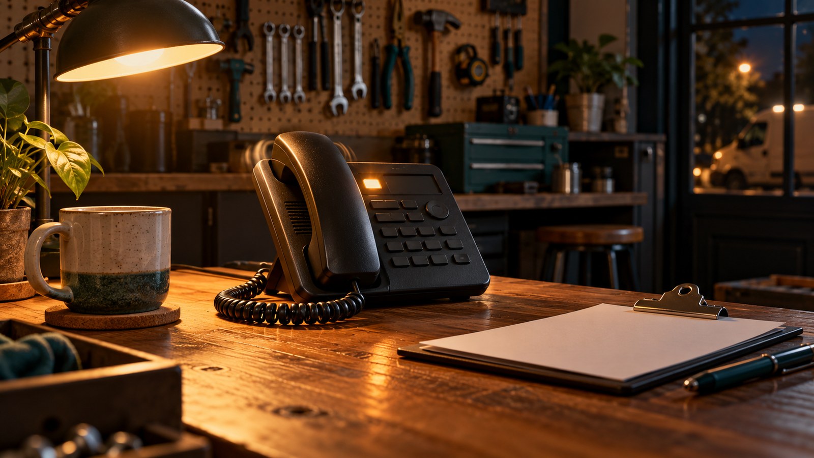 Illustrative scene of a small home-services shop after hours: a desk phone on a wooden work counter under a warm teal lamp, job folders stacked beside it, night visible through the window