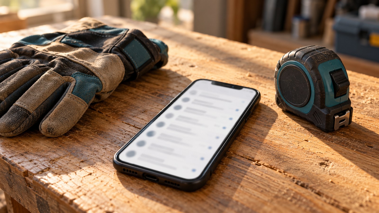 Illustrative scene of a trades owner's phone resting on a workbench beside work gloves and a wrench in morning light, its screen showing a softly blurred call-summary email